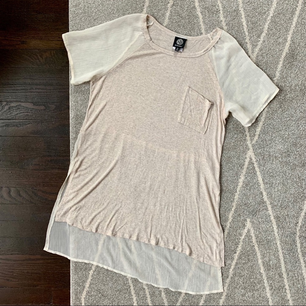 Bobeau Cream Tunic T-shirt with Flowy Chiffon Hem